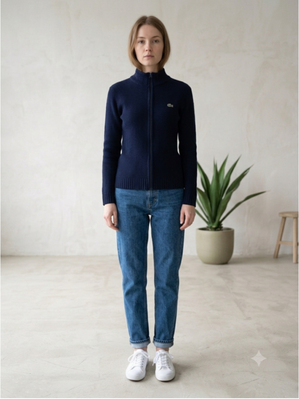 Vintage Lacoste Womens Navy Blue Full Zip Cardigan Sweater Cotton Size 42 Medium